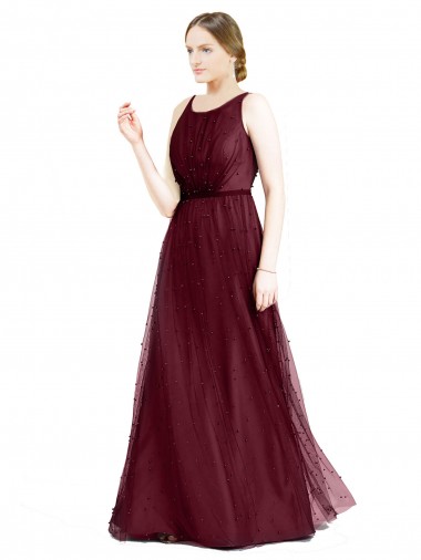 Wholesale Tulle Boat Neck Keyhole Back A-Line Burgundy Semi Formal Evening Dress UK