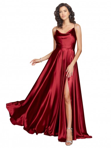 Wholesale Silky Satin Cowl Neck Low Back A-Line Burgundy Black Tie Evening Dress UK