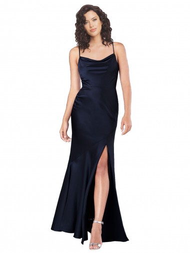 Wholesale Silky Satin Cowl Neck A-Line Dark Navy Black Tie Evening Dress UK