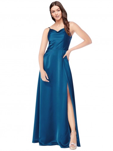 Wholesale Silky Satin Cowl Neck Low Back A-Line Peacock Blue Formal Evening Dress UK