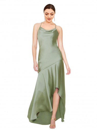 Wholesale Silky Satin Cowl Neck Open Back A-Line Smoke Green High Low Evening Dress UK