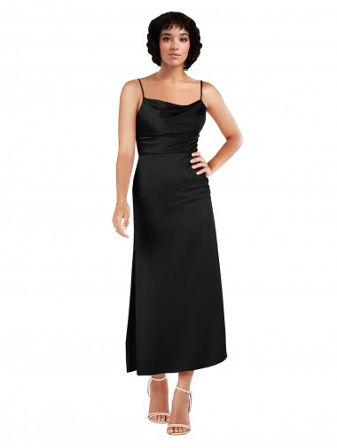 Wholesale Silky Satin Cowl Neck A-Line Black Formal Evening Dress UK