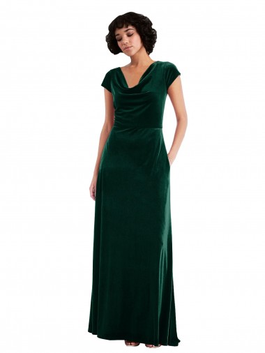 Wholesale Stretch Velvet Cowl Neck A-Line Dark Green Black Tie Evening Dress UK