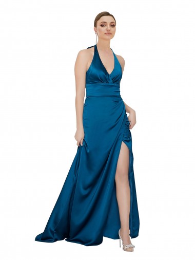 Wholesale Silky Satin Halter Neck Open Back A-Line Peacock Blue Formal Evening Dress UK