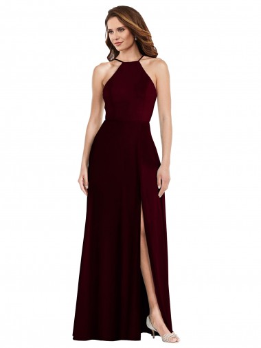 Wholesale Soft Chiffon Halter Neck Low Back A-Line Burgundy Gold Semi Formal Evening Dress UK