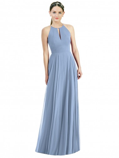 Wholesale Soft Chiffon Halter Neck A-Line Dusty Blue Semi Formal Evening Dress UK