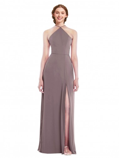 Wholesale Soft Chiffon Halter Neck Low Back A-Line Dusty Rose Formal Evening Dress UK