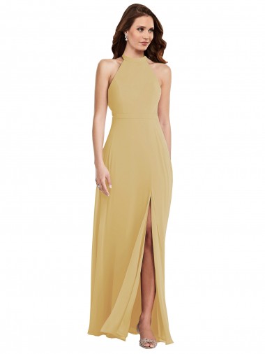 Wholesale Soft Chiffon Halter Neck Open Back A-Line Gold Semi Formal Evening Dress UK