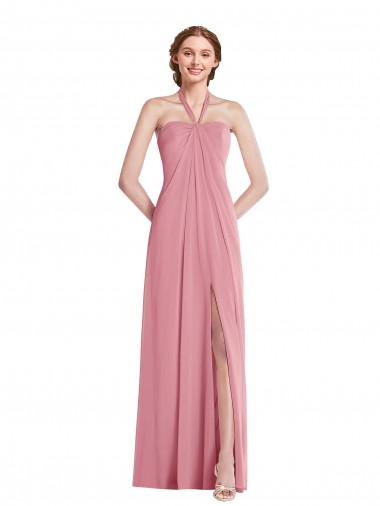 Wholesale Soft Chiffon Halter Neck Open Back A-Line Skin Pink Semi Formal Evening Dress UK