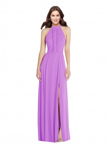 Wholesale Soft Chiffon Halter Neck Open Back A-Line Violet Formal Evening Dress UK