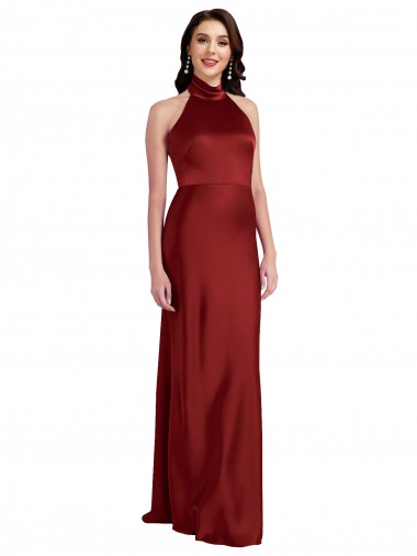 Wholesale Stretch Satin Halter Neck Open Back A-Line Burgundy Black Tie Evening Dress UK