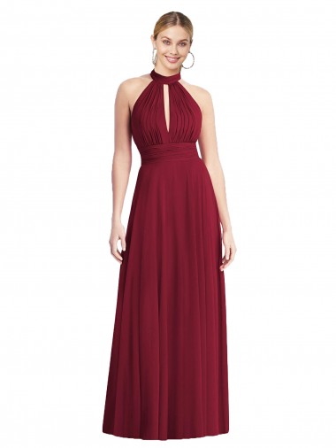 Wholesale Soft Chiffon High Neck Open Back A-Line Burgundy Semi Formal Evening Dress UK