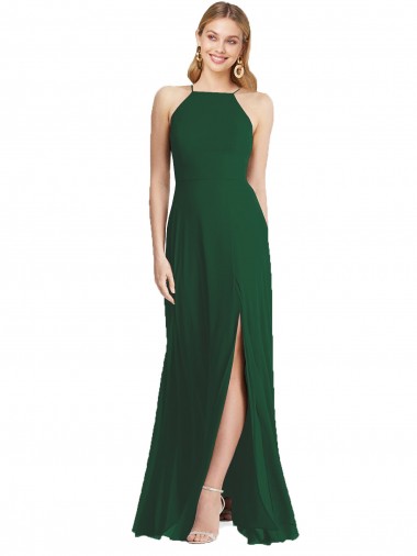 Wholesale Soft Chiffon High Neck A-Line Dark Green Semi Formal Evening Dress UK