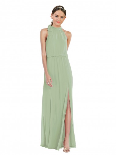 Wholesale Soft Chiffon High Neck A-Line Smoke Green Semi Formal Evening Dress UK