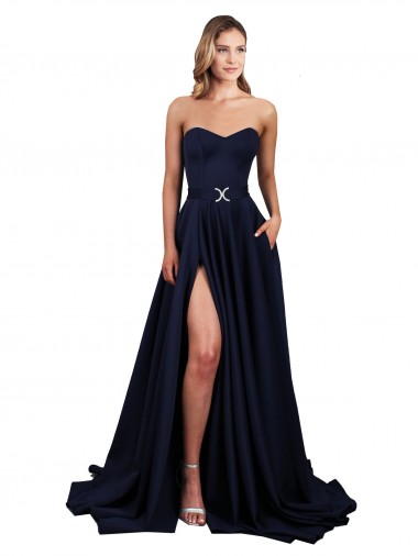 Wholesale Stretch Crepe High Neck Low Back A-Line Dark Navy Evening Dress UK