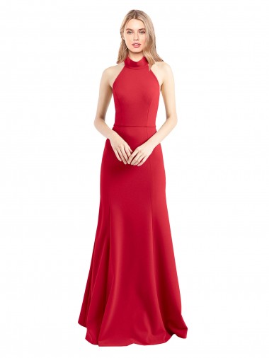 Wholesale Stretch Crepe High Neck Open Back A-Line Red Formal Evening Dress UK