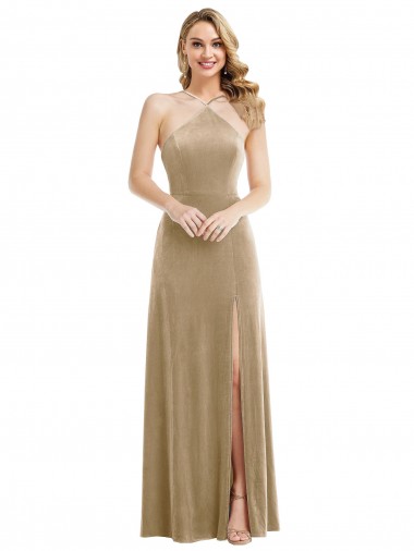 Wholesale Stretch Velvet High Neck Open Back A-Line Champagne Semi Formal Evening Dress UK