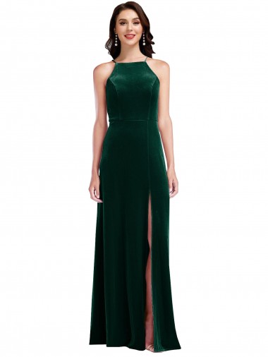 Wholesale Stretch Velvet High Neck A-Line Dark Green Semi Formal Evening Dress UK