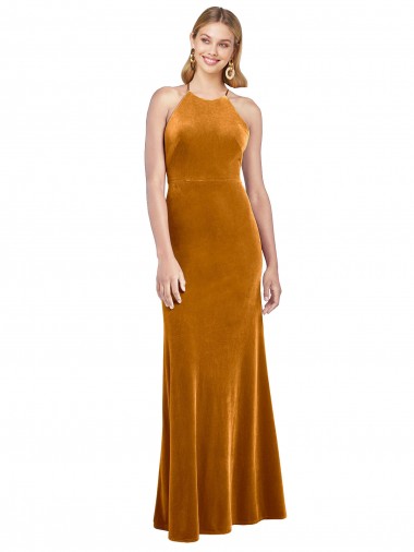 Wholesale Stretch Velvet High Neck Open Back A-Line Gold Formal Evening Dress UK