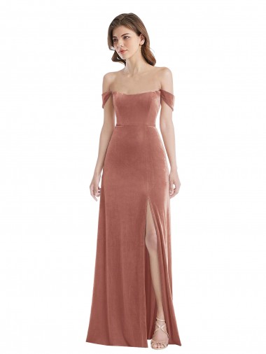 Wholesale Stretch Velvet Off the Shoulder A-Line Cinnamon Rose Semi Formal Evening Dress UK