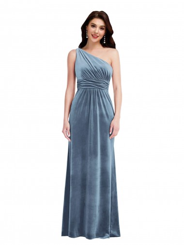 Wholesale Stretch Velvet Off the Shoulder A-Line Dusty Blue Evening Dress UK