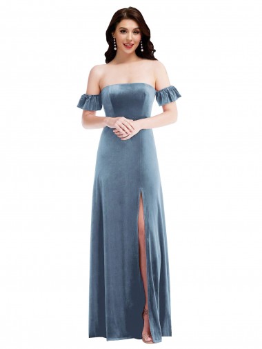 Wholesale Stretch Velvet Off the Shoulder Low Back A-Line Dusty Blue Evening Dress UK