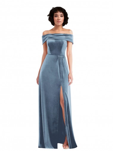 Wholesale Stretch Velvet Off the Shoulder A-Line Dusty Blue Semi Formal Evening Dress UK