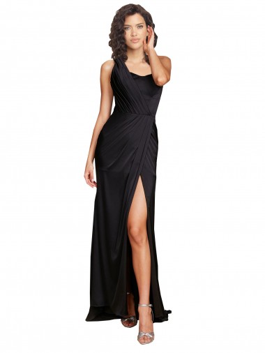 Wholesale Silky Satin One Shoulder A-Line Black Evening Dress UK