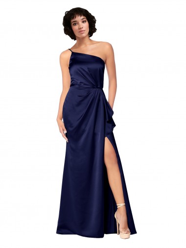 Wholesale Silky Satin One Shoulder A-Line Sapphire Black Tie Evening Dress UK