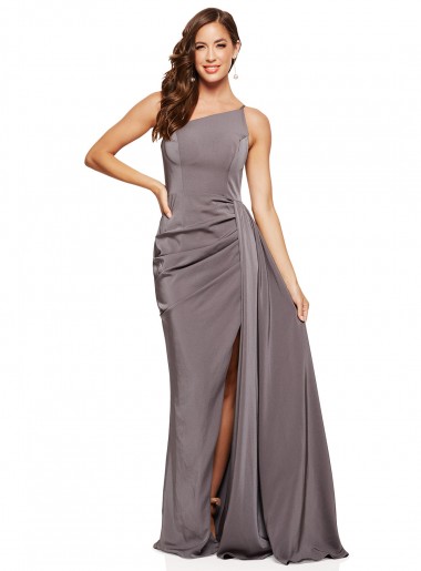 Wholesale Silky Satin One Shoulder A-Line Slate Grey Formal Evening Dress UK