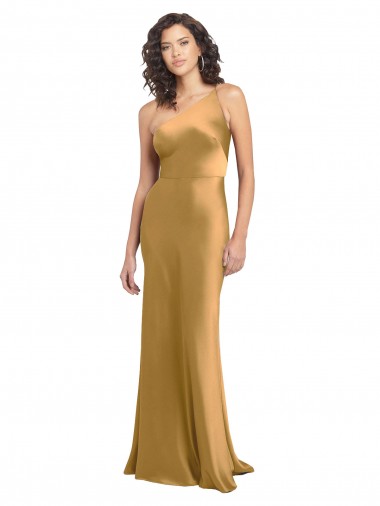 Wholesale Stretch Satin One Shoulder A-Line Gold Formal Evening Dress UK