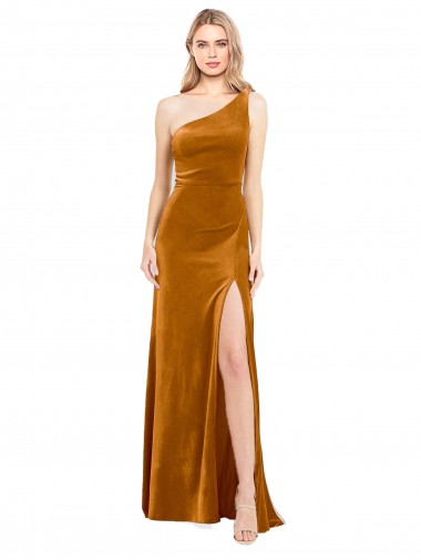 Wholesale Stretch Velvet One Shoulder A-Line Gold Formal Evening Dress UK