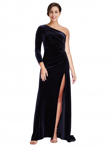 Wholesale Stretch Velvet One Shoulder A-Line Dark Navy Formal Evening Dress UK