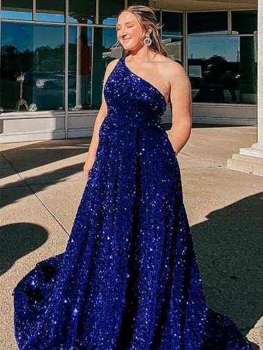 Wholesale Velvet Sequin One Shoulder A-Line Royal Blue Evening Dress UK