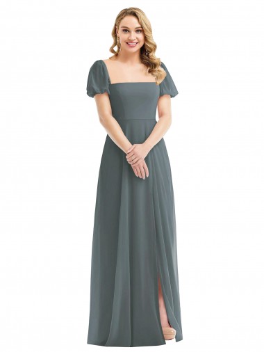 Wholesale Soft Chiffon Square Neck A-Line Slate Grey Semi Formal Evening Dress UK