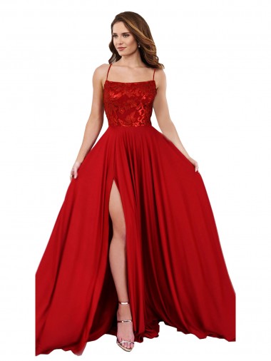 Wholesale Spandex & Lace Square Neck Open Back A-Line Red Semi Formal Evening Dress UK