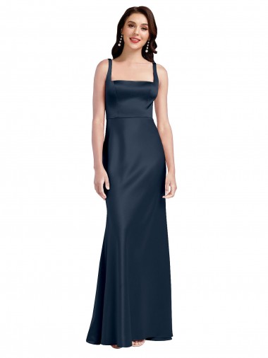 Wholesale Stretch Satin Square Neck Low Back A-Line Dark Navy Formal Evening Dress UK