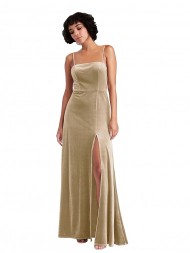 Wholesale Stretch Velvet Square Neck Low Back A-Line Champagne Formal Evening Dress UK