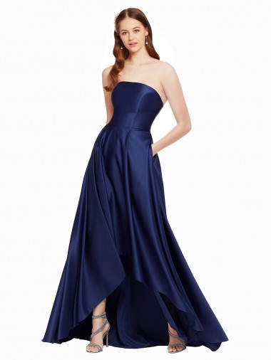 Wholesale Satin Strapless Low Back A-Line Dark Navy High Low Evening Dress UK