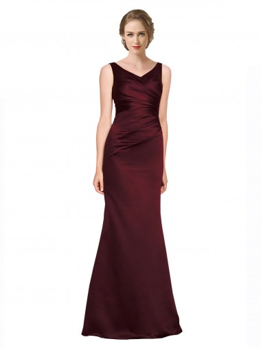 Wholesale Satin V-Neck Low Back A-Line Burgundy Black Tie Evening Dress UK