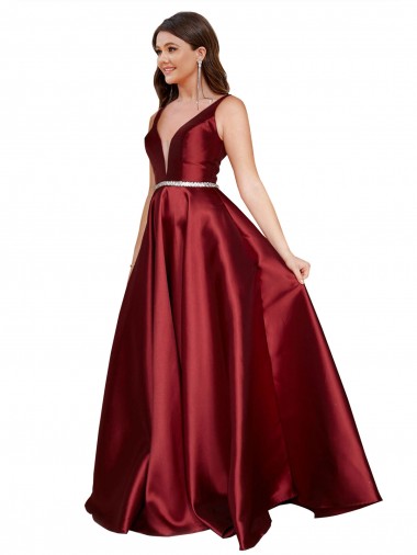 Wholesale Satin V-Neck V-Back A-Line Burgundy Plus Size Formal Evening Dress UK