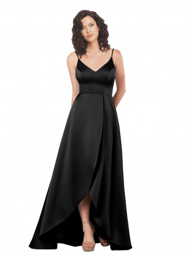 Wholesale Silky Satin V-Neck V-Back A-Line Black High Low Evening Dress UK