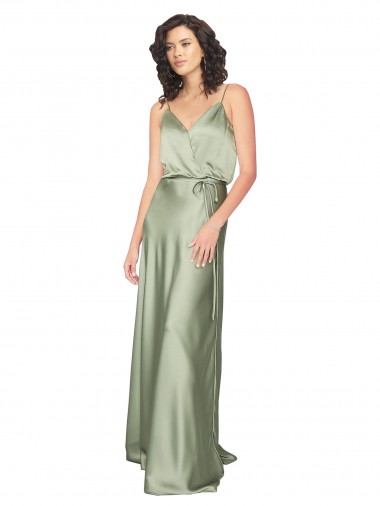 Wholesale Silky Satin V-Neck V-Back A-Line Smoke Green Formal Evening Dress UK