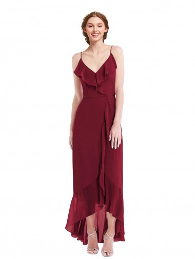 Wholesale Soft Chiffon V-Neck Low Back A-Line Burgundy High Low Evening Dress UK