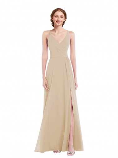 Wholesale Soft Chiffon V-Neck Open Back A-Line Champagne Semi Formal Evening Dress UK