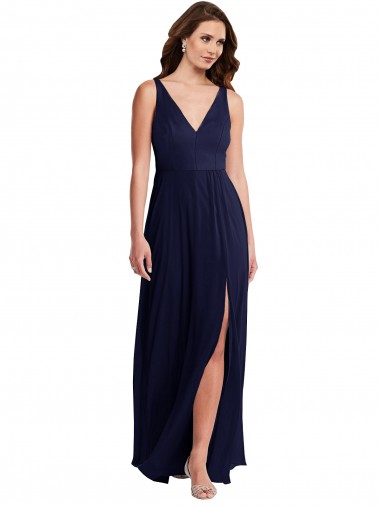 Wholesale Soft Chiffon V-Neck V-Back A-Line Dark Navy Black Tie Evening Dress UK