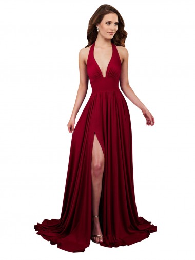 Wholesale Spandex V-Neck Open Back A-Line Burgundy Black Tie Evening Dress UK