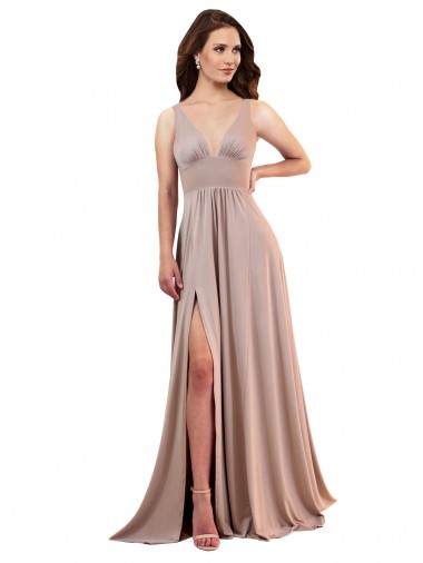 Wholesale Spandex V-Neck Low Back A-Line Dusty Pink Black Tie Evening Dress UK