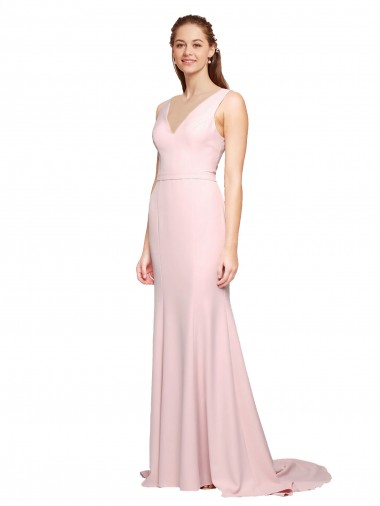 Wholesale Stretch Crepe V-Neck V-Back A-Line Pink Black Tie Evening Dress UK