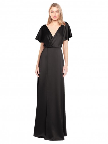 Wholesale Stretch Satin V-Neck Open Back A-Line Black Evening Dress UK